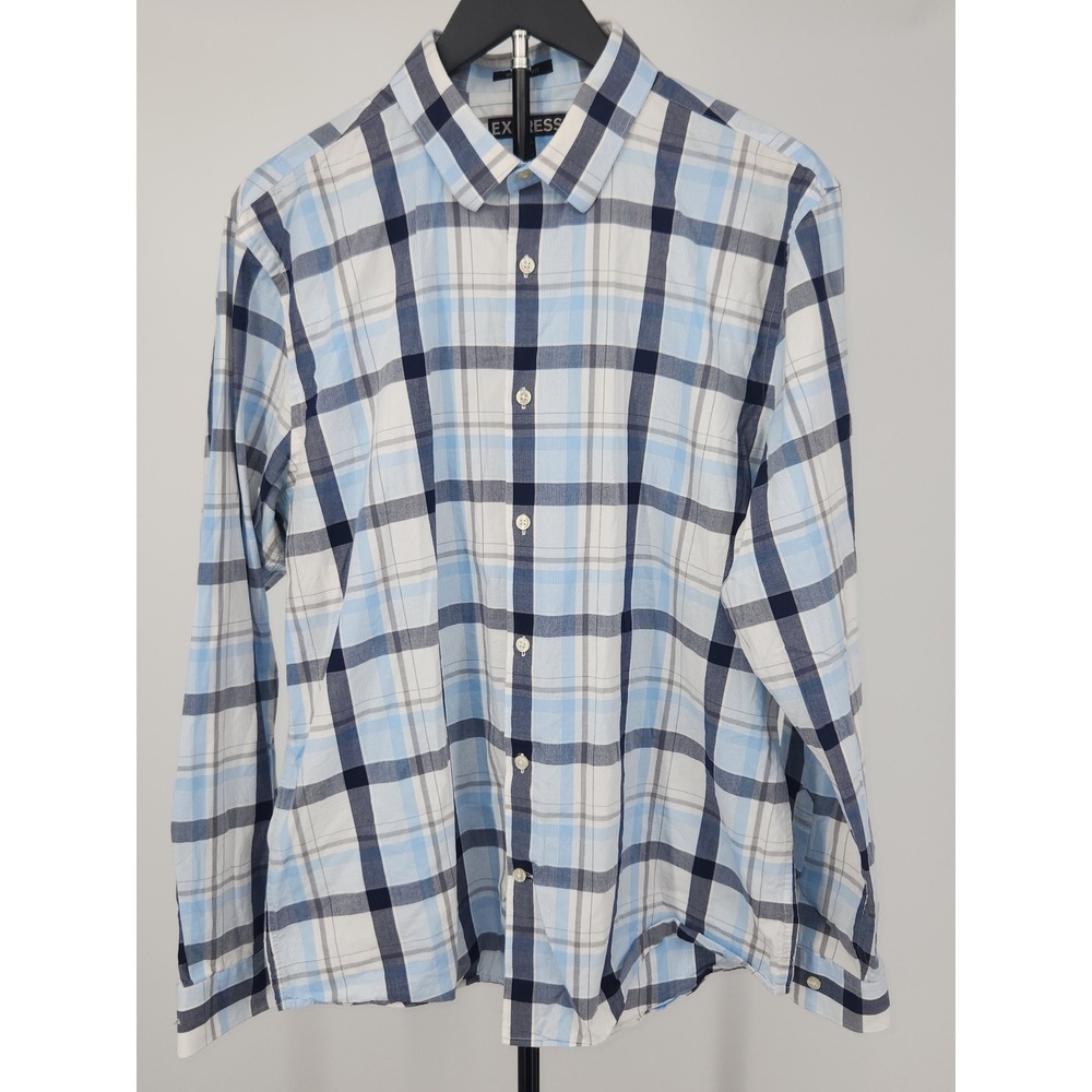 Express Modern Fit Mens XL Blue Plaid Long Sleeve Button Down Shirt 17-17.5